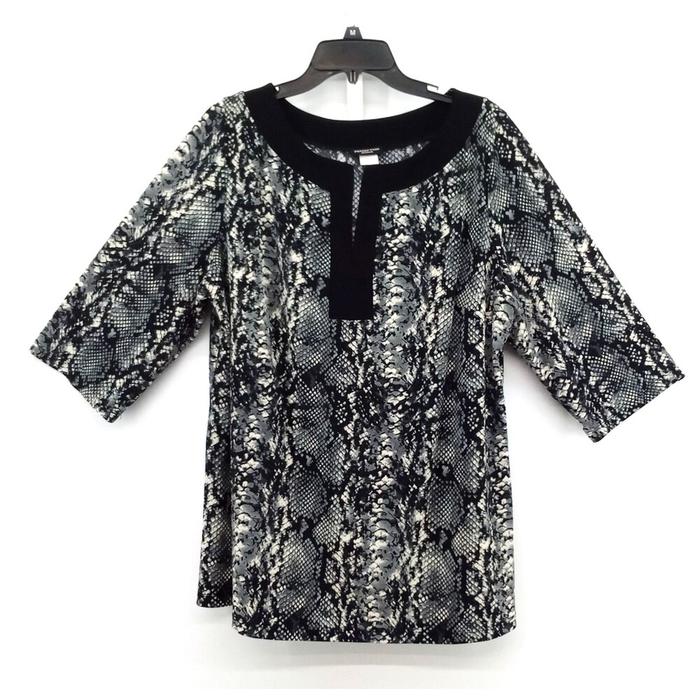 Perseption Blouse Women Size 3X Black Animal Print 3/4 Sleeve Split V Neck Top